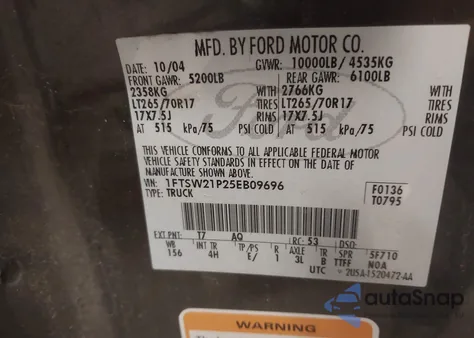 2005 Ford F-250 Lariat/Xl/Xlt from USA, damaged, VIN 1FTSW21P25EB09696